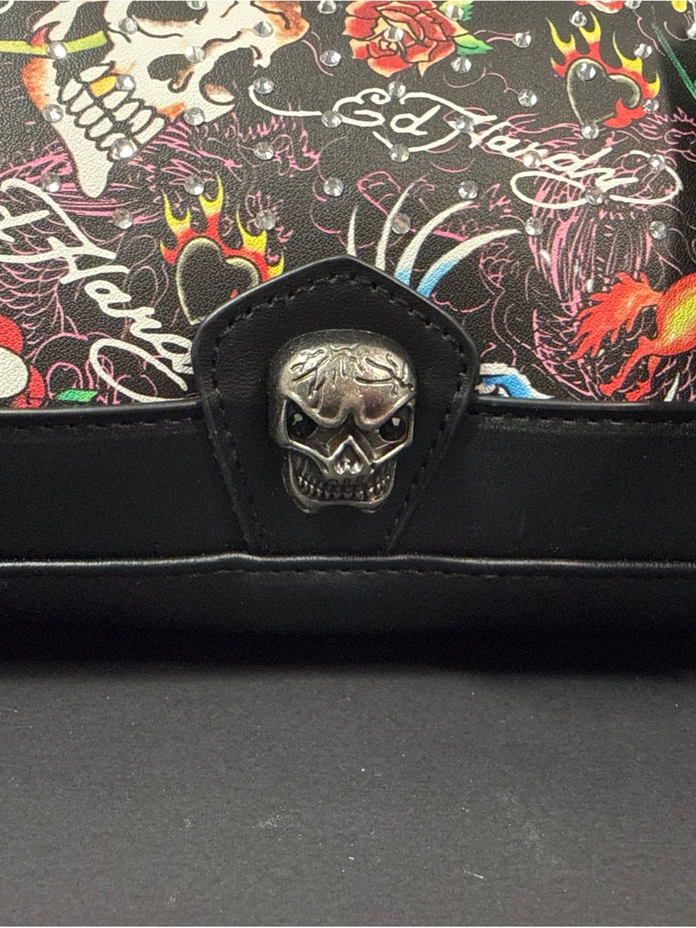 Ed Hardy Black Multi Skull & Floral Satchel with Pink Accents - Picture 3 of 6